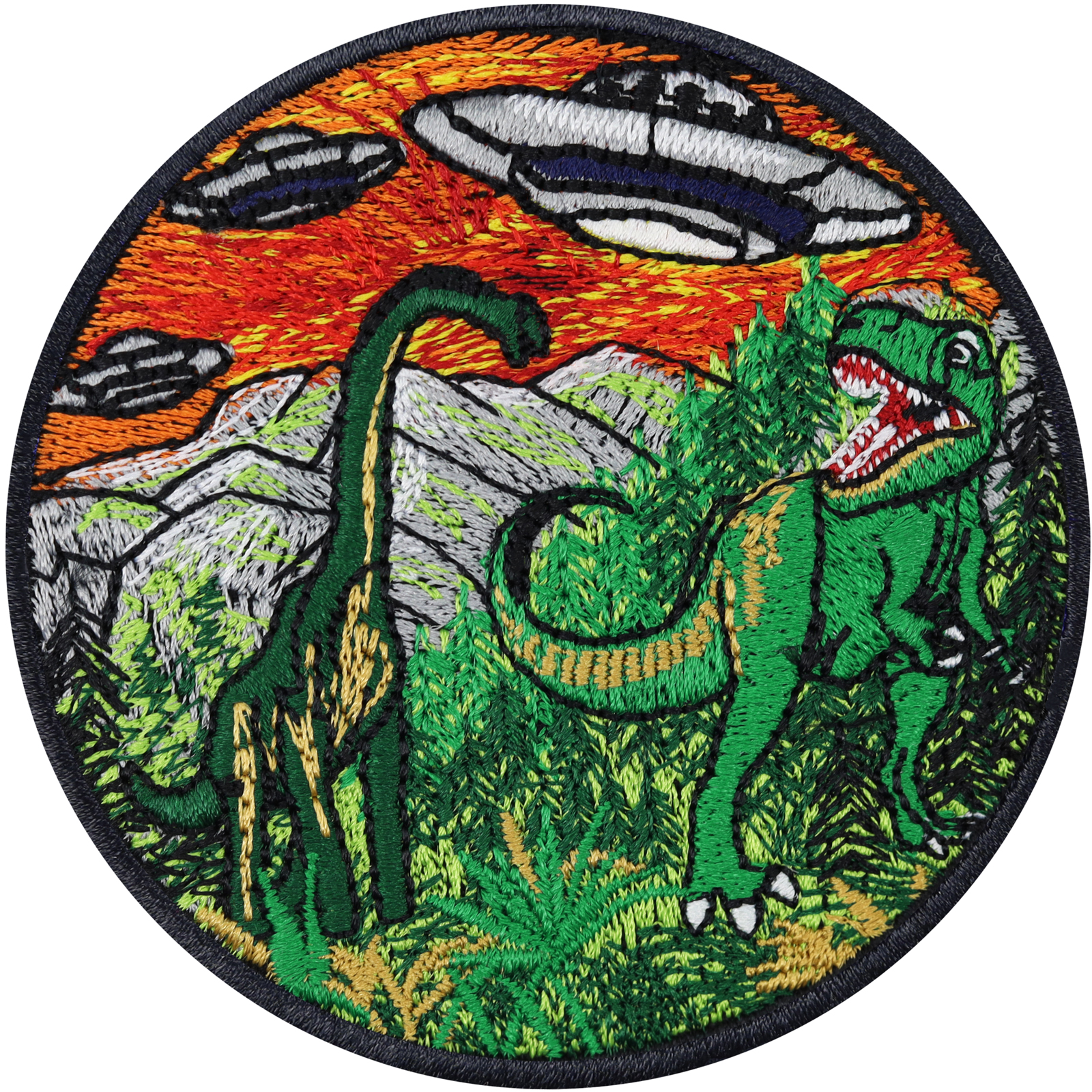 Dinosaurier in Landschaft mit fliegenden UFO - Patch