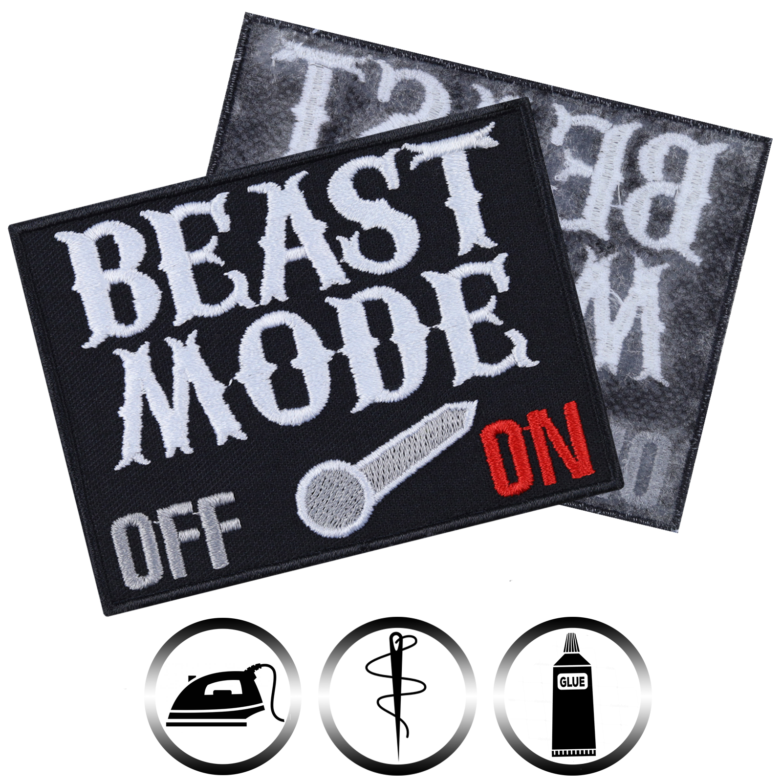 Aufnäher: Beast Mode ON/OFF Metal Aufbügler/Patch/Flicken/Bügelbild 80x60mm